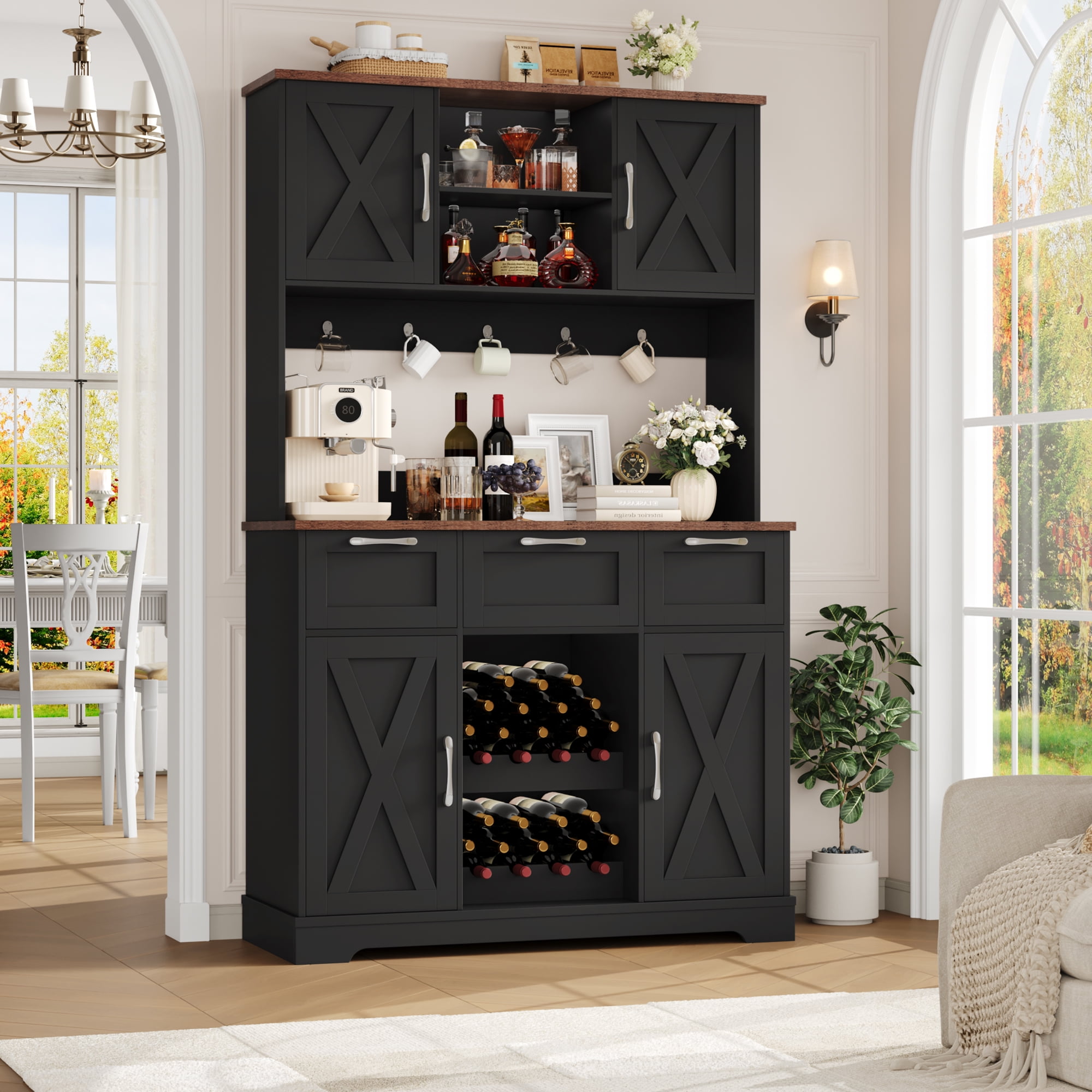 Homfa 71'' Tall Wine Bar Cabinet with Storage Hutch & 3 Drawers, Farmhouse Coffee Bar Cabinet Wine Rack with Adjustable Shelves for Kitchen Dining Room, Black