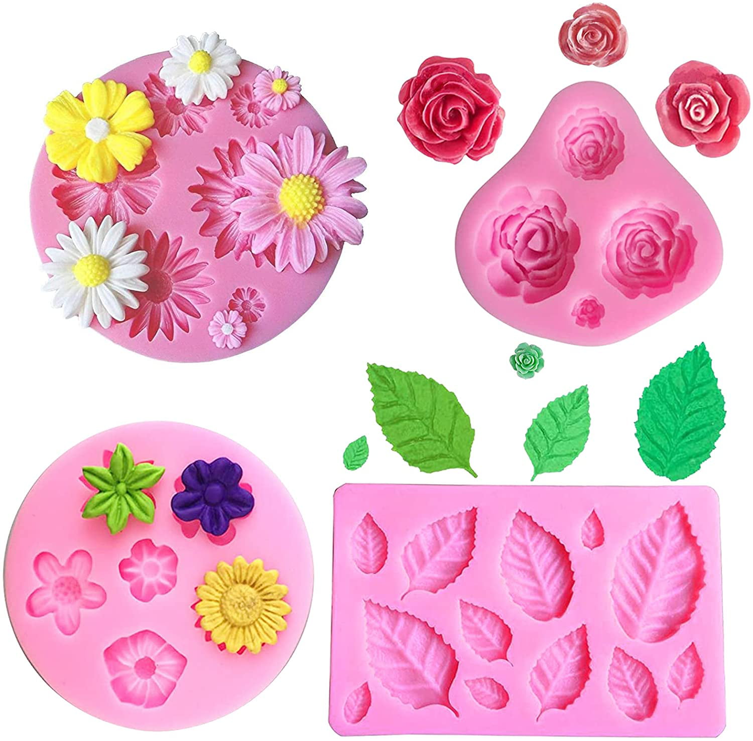 Daisy Flower， Small Flower and Leaf molds for Chocolate Fondant Crafting Cake Decoration 4Pcs Flowers Silicone Molds Candy Fondant Chocolate Mold， Roses Flower DIY Sugar Crafts