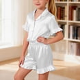 thumbnail image 5 of Purcolt Girls 3 Piece Pajamas Sets Comfortable Satin Short Sleeve Button Up Shirts and Shorts Pants Pjs Sleepwear Summer Ruffle Nightwear, 5 of 9