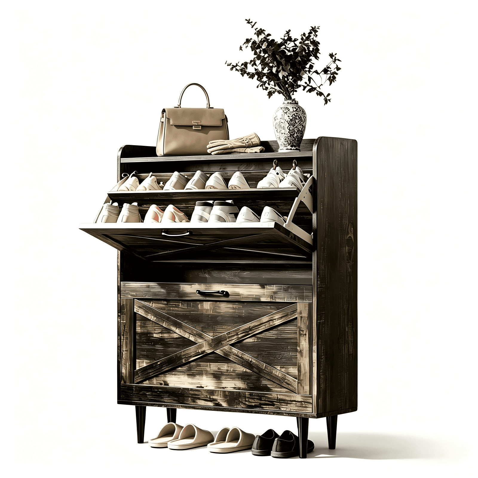 2-Drawer Top-Mounted Barn Door Shoe Cabinet, Melamine Board Embossed MDF, Black Oak, 31.61 x 9.45 x 39.37 in