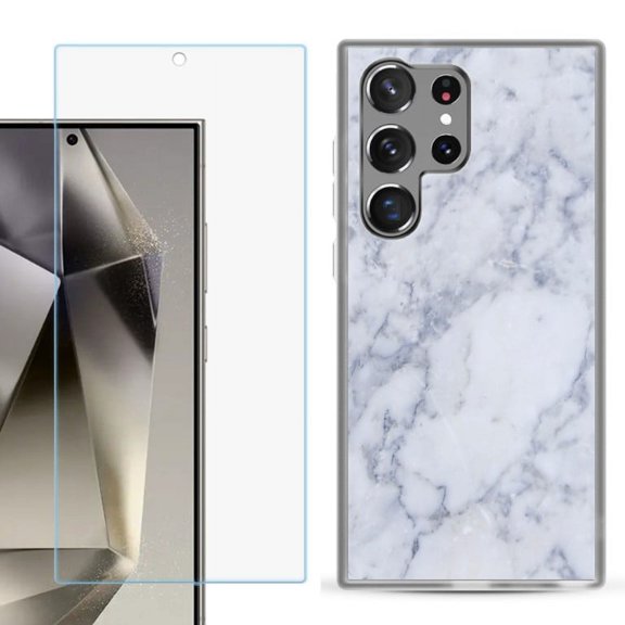 OneToughShield ® Compatible with Samsung Galaxy S24 Ultra, Shockproof Phone Case, with Tempered Glass Screen Protector - Marble / Clouds