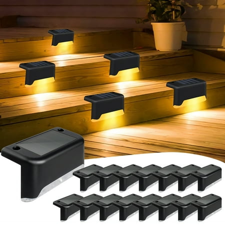 16 pack solar deck lights outdoor solar step lights waterproof led solar lights for outdoor stairs step fence yard patio pathway christmas decoration lights(black-warm white)