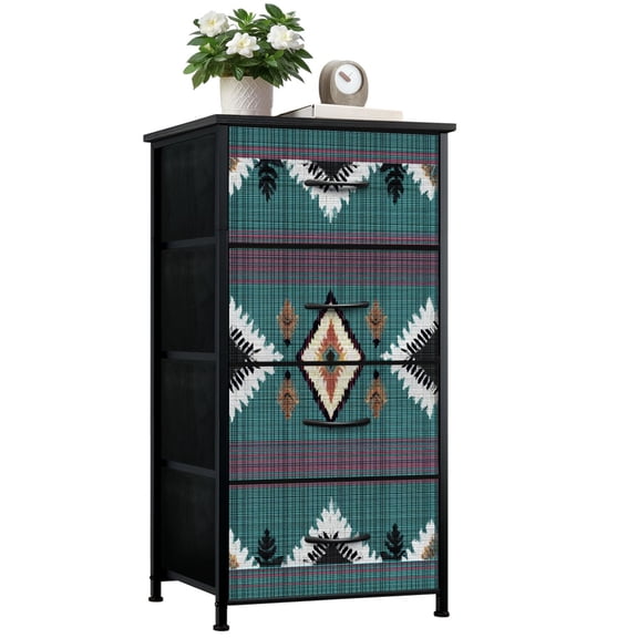 Boho Dresser for Bedroom with 4 Storage Drawers tribal green ornament Ethnic South Chest of Drawers Steel Framed Fabric Closet Organizers for Entryway