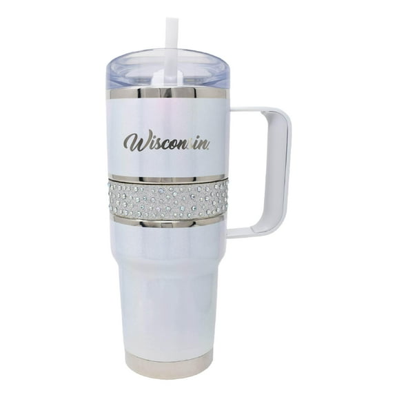 White Wisconsin Badgers 32oz. MyBevi Rhinestone Hollywood Travel Mug