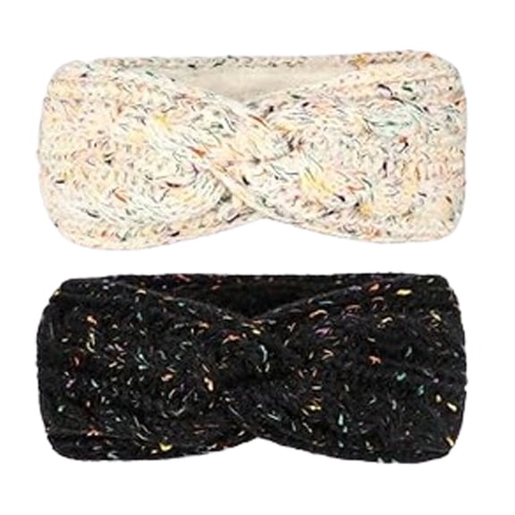Tutuviw 2Pcs Ear Warmers Headband Winter Knitted Headband for Women Girls Soft Twisted Elastic Turban Head Wraps with Bow Knot for Winter Women Cold Weath Crochet Ear Protector(White Black)
