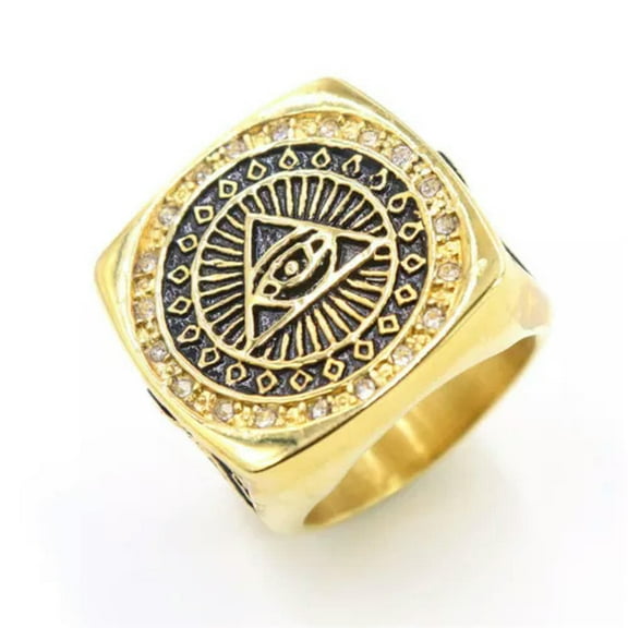 K-KED Gold Plated Mens Masonic Illuminati All Seeing Eye Square Ring Size 7-15-7