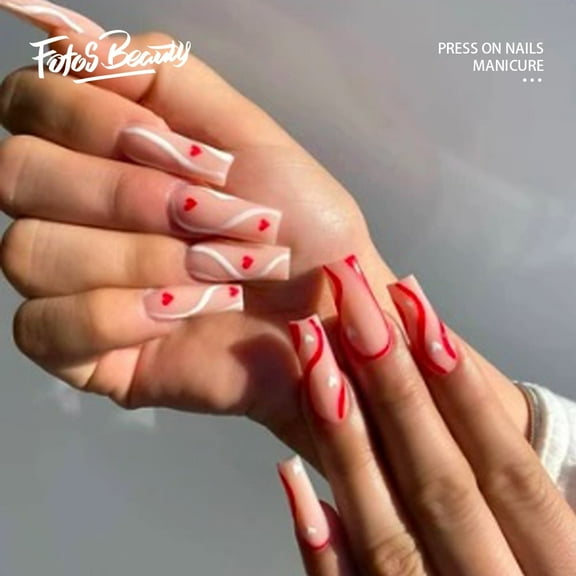 Fofosbeauty 24PCS Press on Fake Nails Valentine's Gift, Extra Long Coffin False Nails, Heart Wave