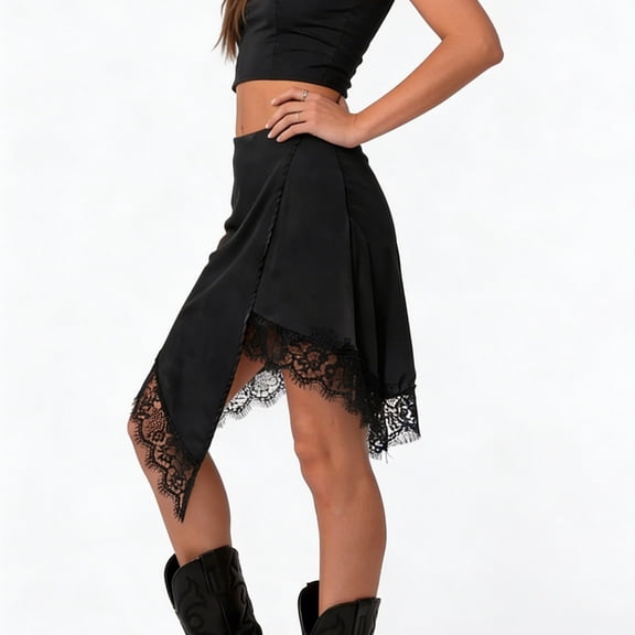 Jerdar Women's Asymmetrical Lace Trim Short Skirt Elegant Flowy A Line Going Out Knee Length Skirts L