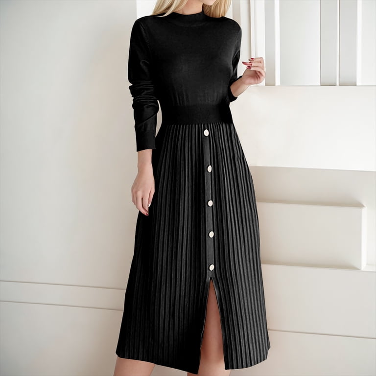 fitted lace wedding dress Black Abstract Stripe Print 2 in 1 Long Sleeve Pleated Skirt Midi Dres – AX  Paris US main image 1