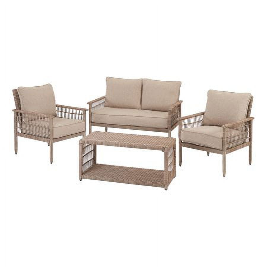 Better Homes & Gardens Meadow Lake 4-Piece Patio Wicker Conversation Set with Beige Cushions