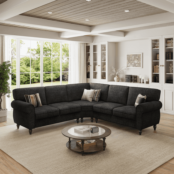 L Shaped Corner Couch for Living Room, Sectional Corner Sofa with Rolled Arms, Chenille Fabric, Black