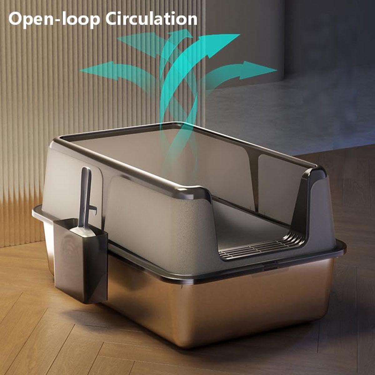 Gaderth 8 inch Deep Non-Stick Stainless Steel Litter Box, Side Opening Splash-Proof & Leak-Proof Large Metal Cat Litter Box with Lid & Scoop, Easy-Clean & Durable
