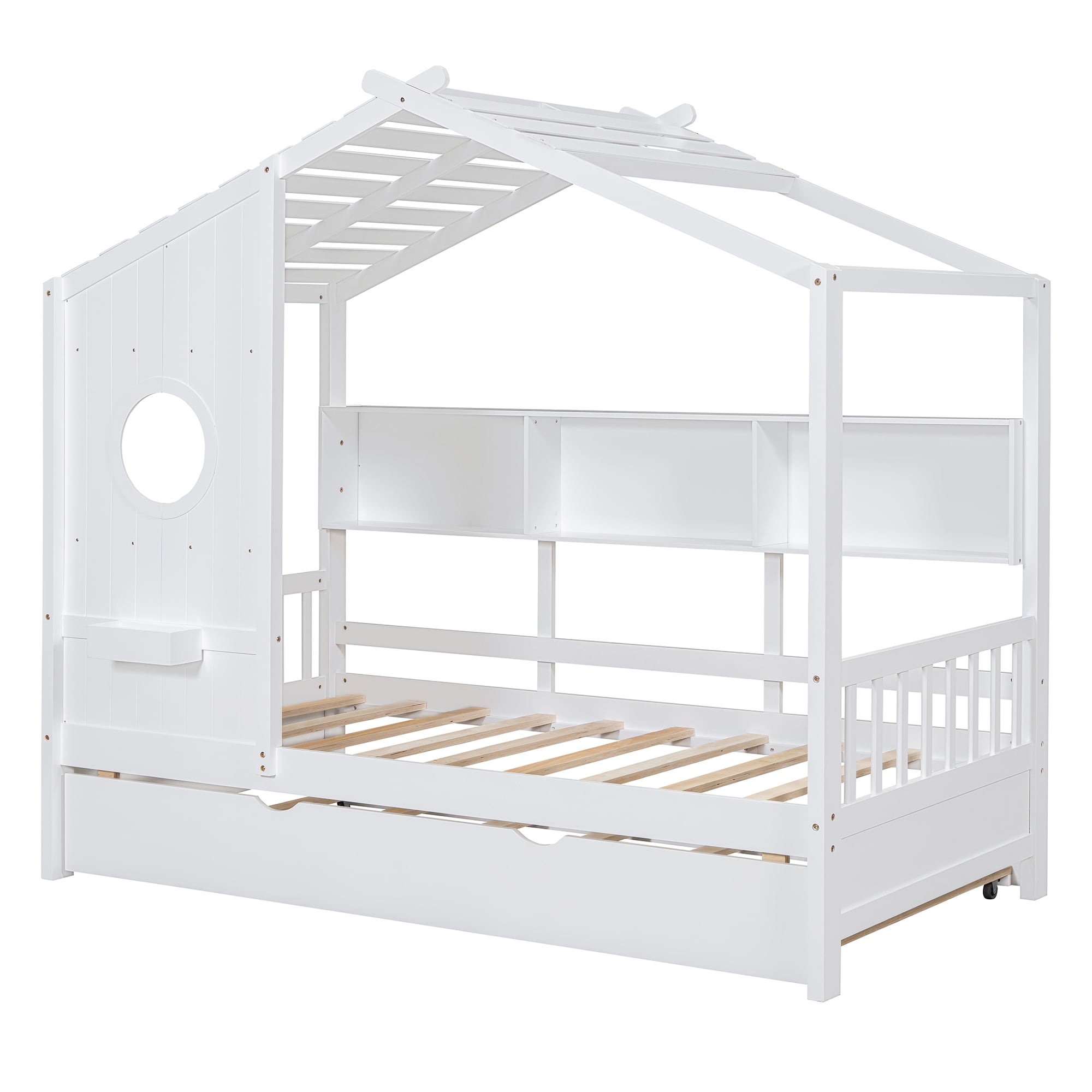 Harper & Bright Designs Wooden Twin Size House Bed Frame with Trundle and Storage Shelves, House-Shaped Beds with Roof and Window Design for Girls Boys Bedroom, White