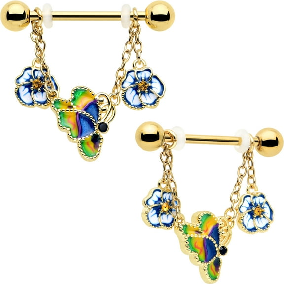 Body Candy 14G 9/16 Nipple Ring Set - 316L Stainless Steel 2Pc Nipplerings Piercing Butterfly Colors Chain Dangle Nipple Barbells