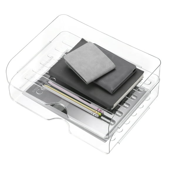 Uxcell 12.6"x9.6"x2.8" Stackable Letter Tray, 2-Tier Paper Organizer Rectangular Plastic Desk Organizer Accessories File Holder for Office Desk Drawers Paper Storage, Clear