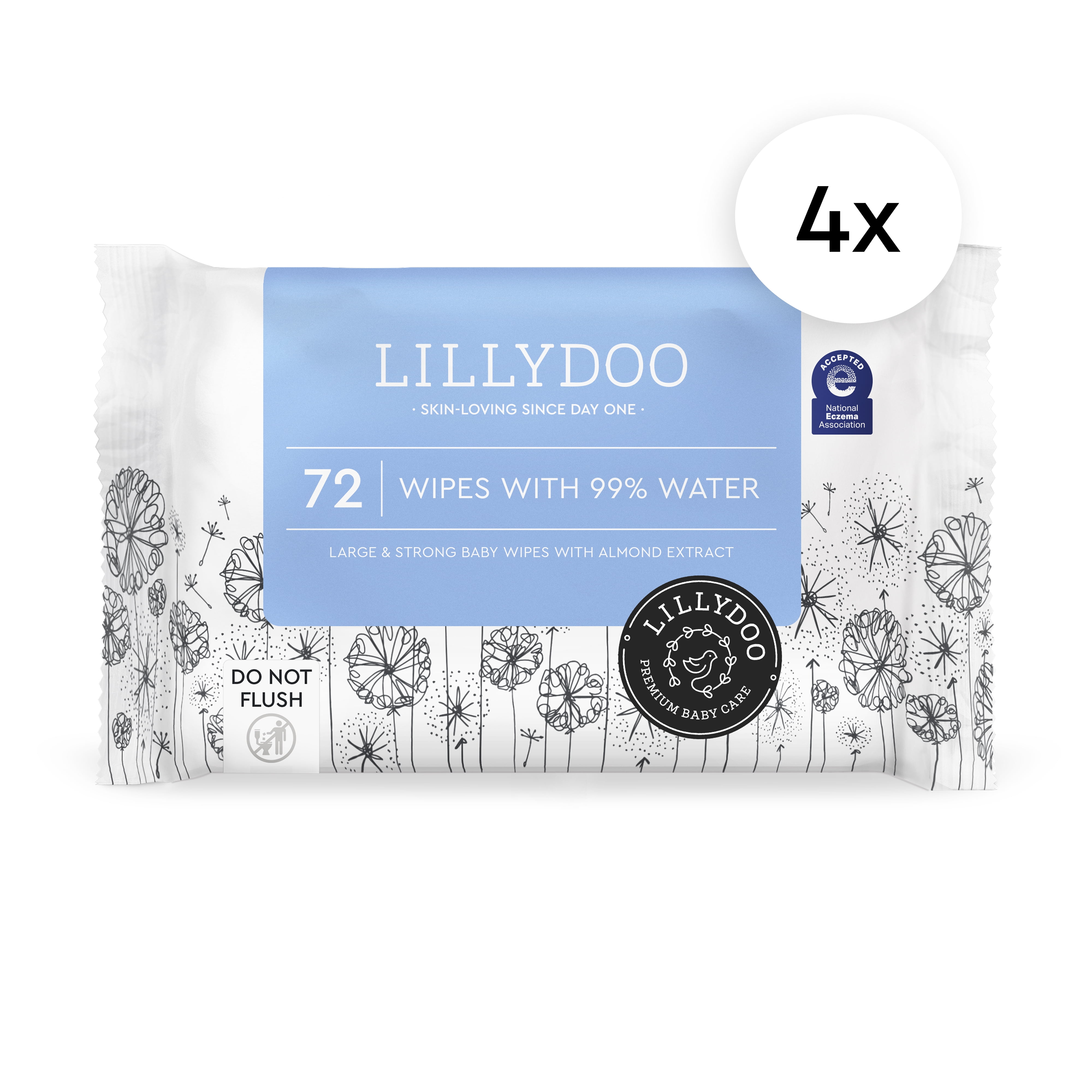 LILLYDOO Baby Wipes 99% Water, Sensitive, Unscented & Plastic-Free, 4 Packs (288 Wipes)
