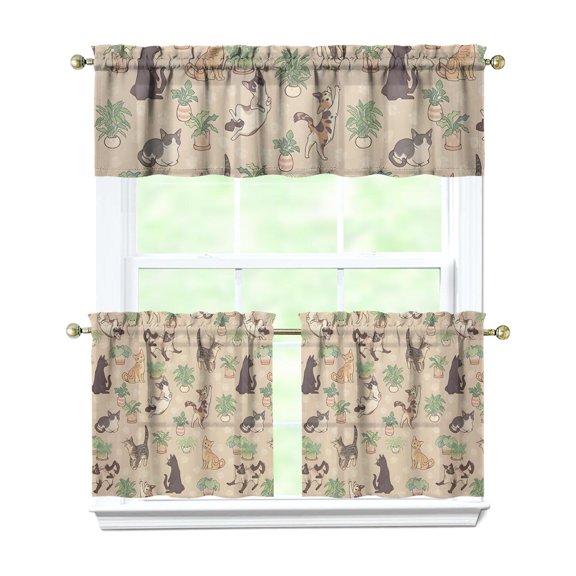 Kitchen Curtains 24 Inch Short - 3 Panel Set with Cute Cat Paw Pattern, Rod Pocket Window Curtain, 100% Polyester for Pet Lovers Farmhouse, Cafe, Kitchen, Bedroom, Easy Wash
