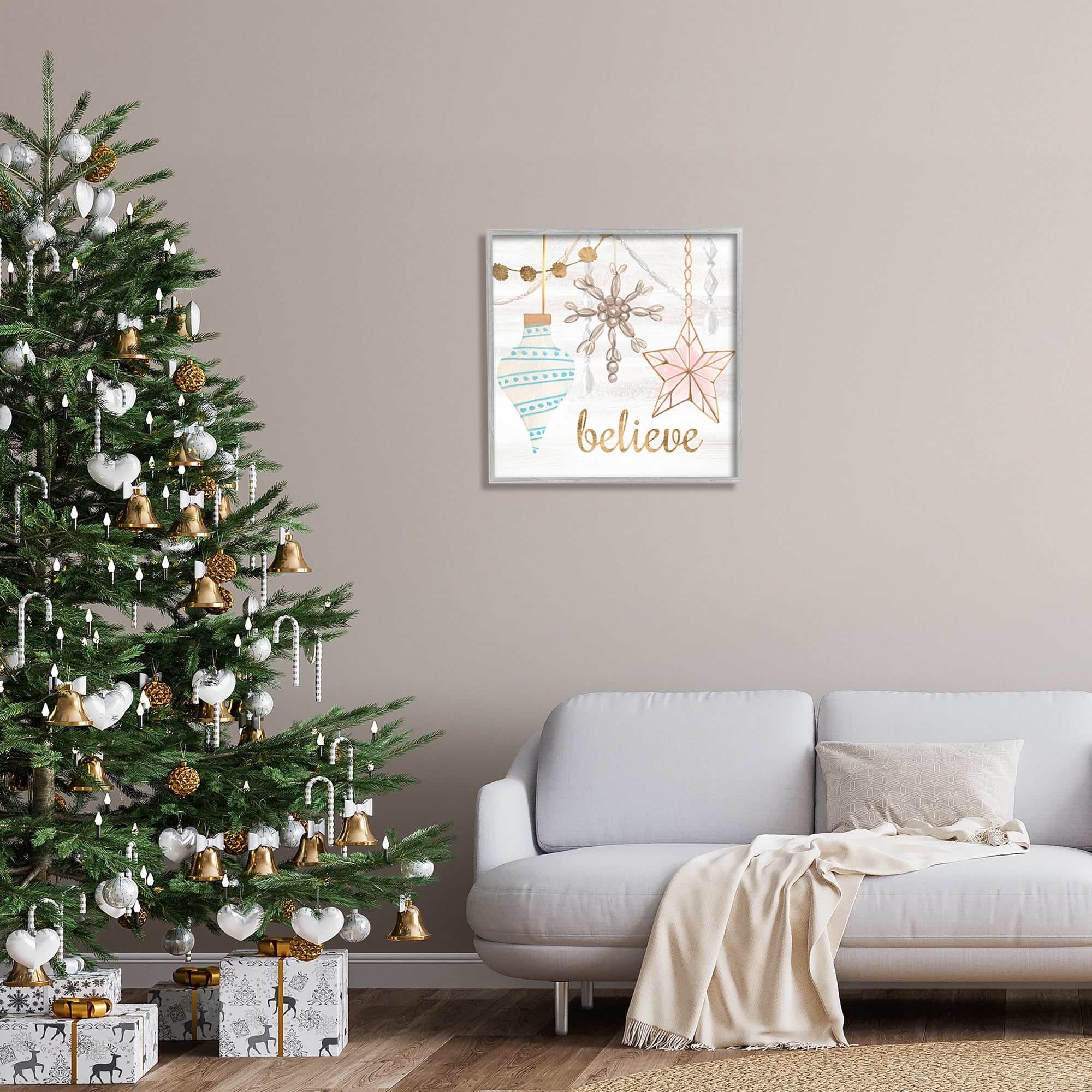 Glimmering Believe Text Holiday Ornaments Star Snowflake Inspirational Graphic Art Framed Art Print Wall Art