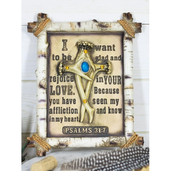 Rustic Faux Birchwood Turquoise Deer Antlers Cross Bible Verse Wall Decor Plaque