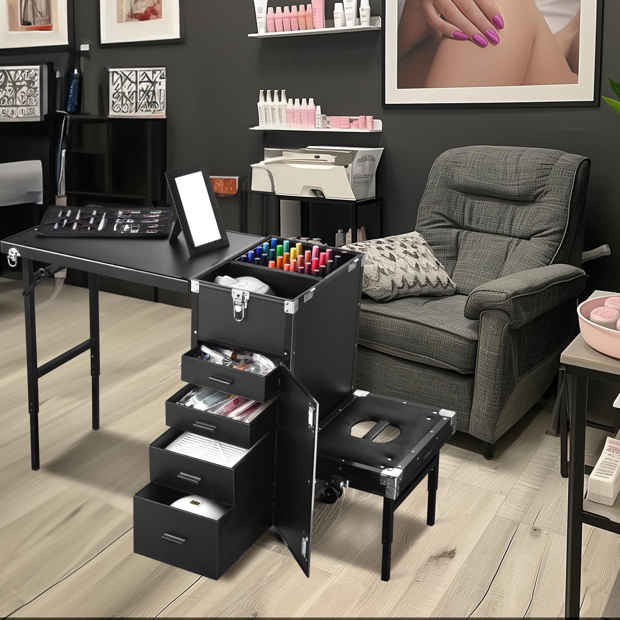 Byootique Rolling Makeup Train Case Patented Design Pedicure Nail Salon Nail Foldable Trolley Cosmetic Organizer Black with Stool