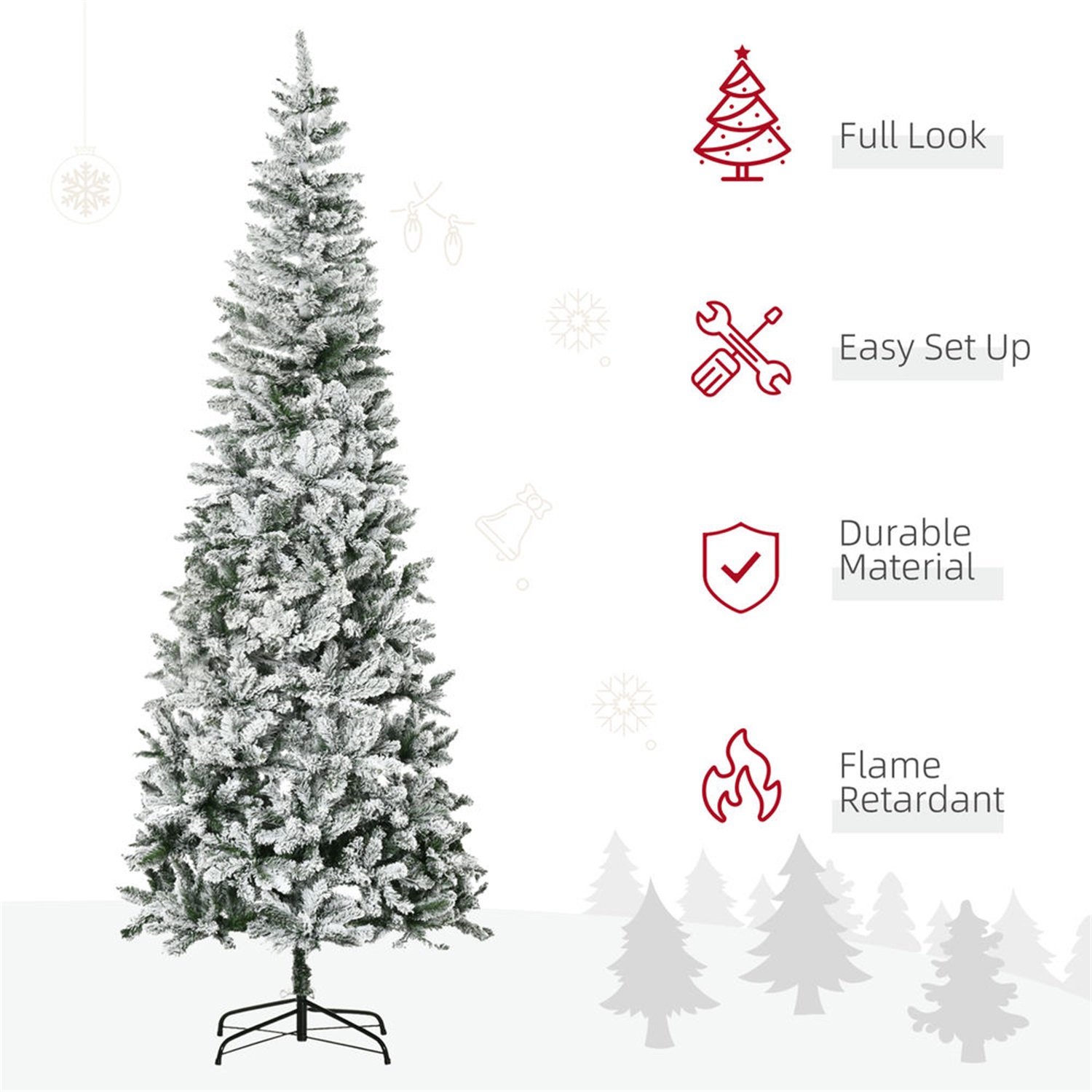 Hommoo 9ft Unlit Snow-Flocked Slim Pine Artificial Christmas Tree with Realistic Branches and 1084 Tips,Green