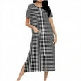 thumbnail image 3 of Fartey Zipper Front Short Sleeve Nightgown for Women Trendy Plaid Nightdress Long House Coat Loose Lightweight Crew Neck Loungewear with Pockets Black S, 3 of 8