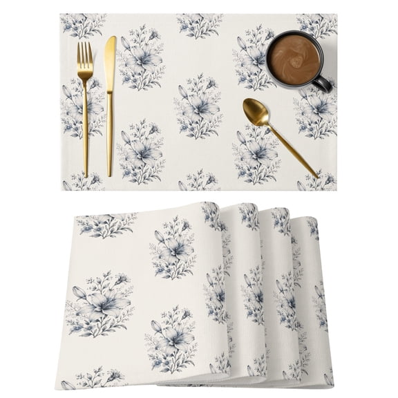 Blue Floral Bouquet Placemats Set of 6, Country Vintage Farmhouse Pastoral Flowers Leaf Non-Slip Place Mats Washable Table Mats for Kitchen Dining Table Decorations Indoor/Outdoor