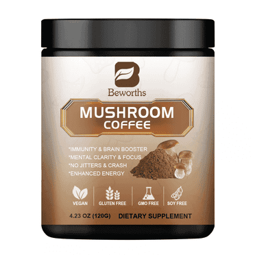 Beworths Mushroom Coffee Powder- Organic Instant Coffee Mix with Reishi, Cordyceps, Lion's Mane, Chaga, for Energy, Mental Clarity & Focus, 4.23oz