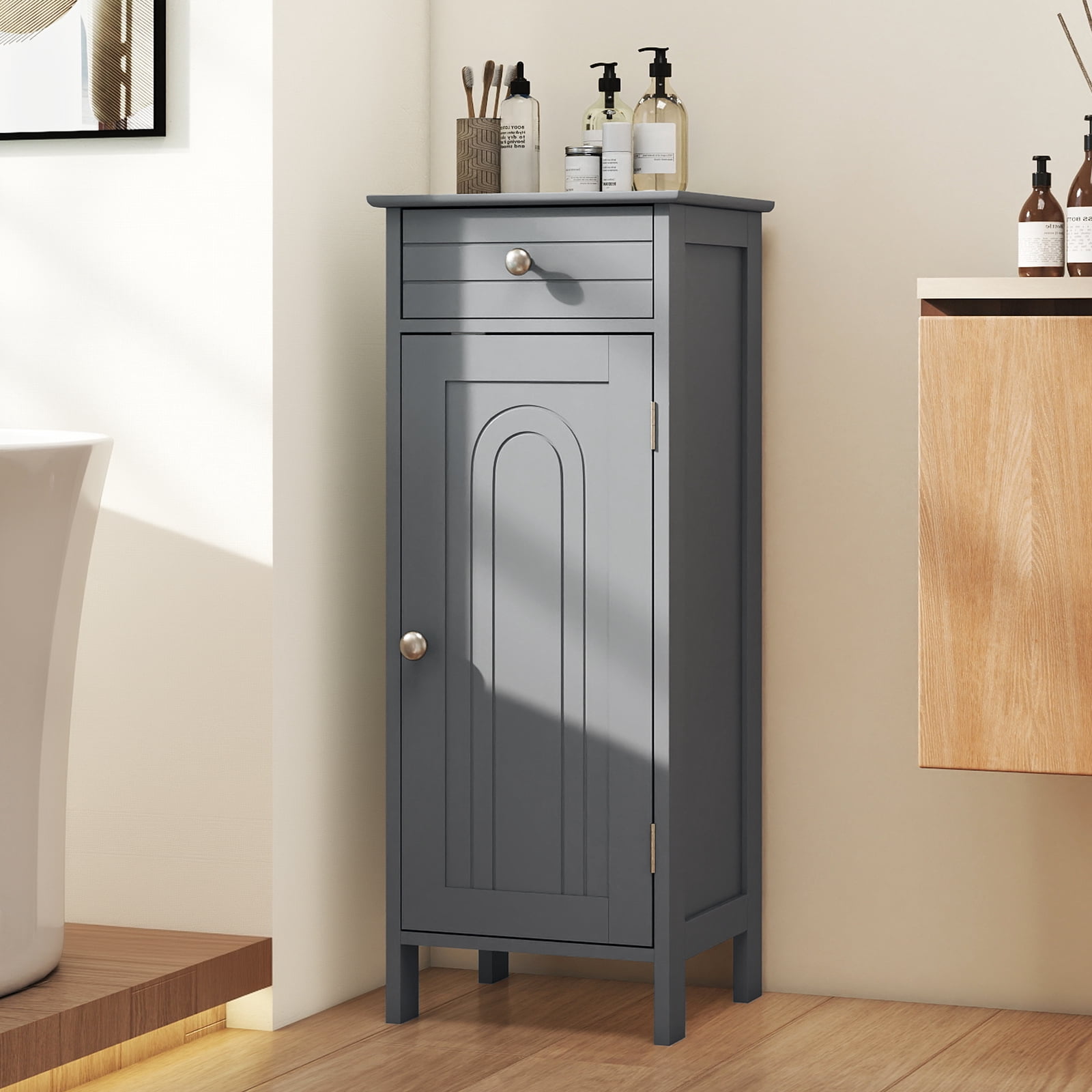 Costway Bathroom Storage Floor Cabinet Organizer Free-Standing w/ Drawer Grey