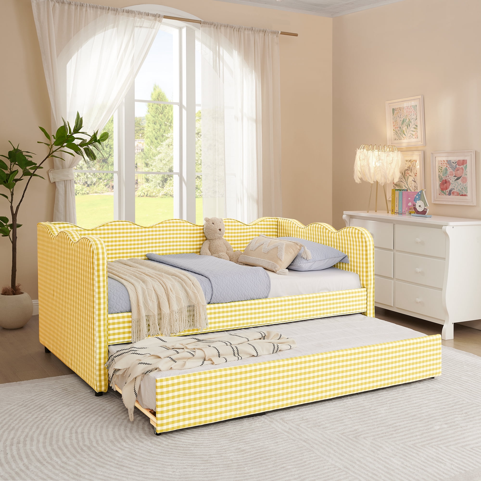 Leumius Twin Size Gingham Daybed with Pop Up Trundle,Modern Linen Daybed with USB Ports and Adorable Wave Shaped,Upholstered Day Bed Fram for Living Room/Bedroom/Guest Room,Yellow