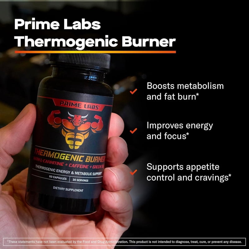 Prime Labs Thermogenic Energy Supplement for Men – L-Carnitine, Caffeine & Green Tea Extract – Daily Energy & Active Lifestyle Formula – Third-Party Tested, Made in the USA – 60 Capsules