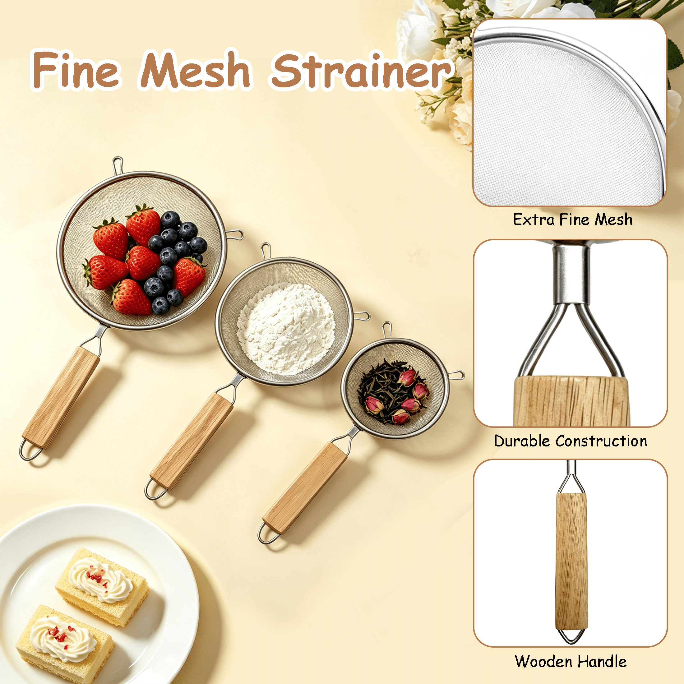 3 Pack Fine Mesh Strainer Set, Stainless Steel Kitchen Sieve Colander with Wooden Handle & Double Non‑Slip Hooks, 5/5.5/6.3 Inch Metal Sifters for Baking, Flour, Tea, Fruits, Frying Food