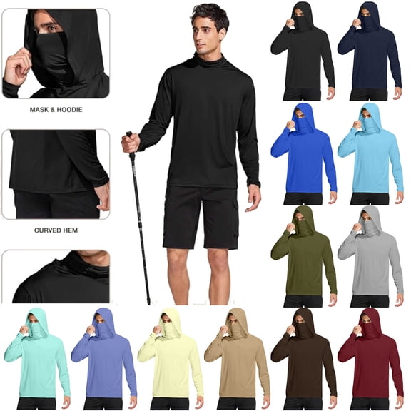 QATAINLAV Balaclava Hoodie for Men Long Sleeve Athletic Sun Protection Shirts with Mask Outdoor Sports Workout Pullover Sweatshirt, Blue, XXL