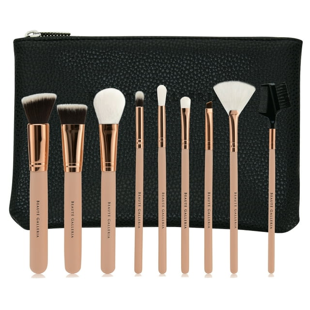 Beaute Galleria Makeup Brush Set, Vegan Cruelty-Free Synthetic Bristles with Travel Pouch Bag, 9 Pieces
