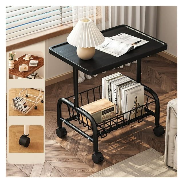 Coffee Table Cart with 360° Wheels and Storage, 2 Tier Movable Wood Small End Tables