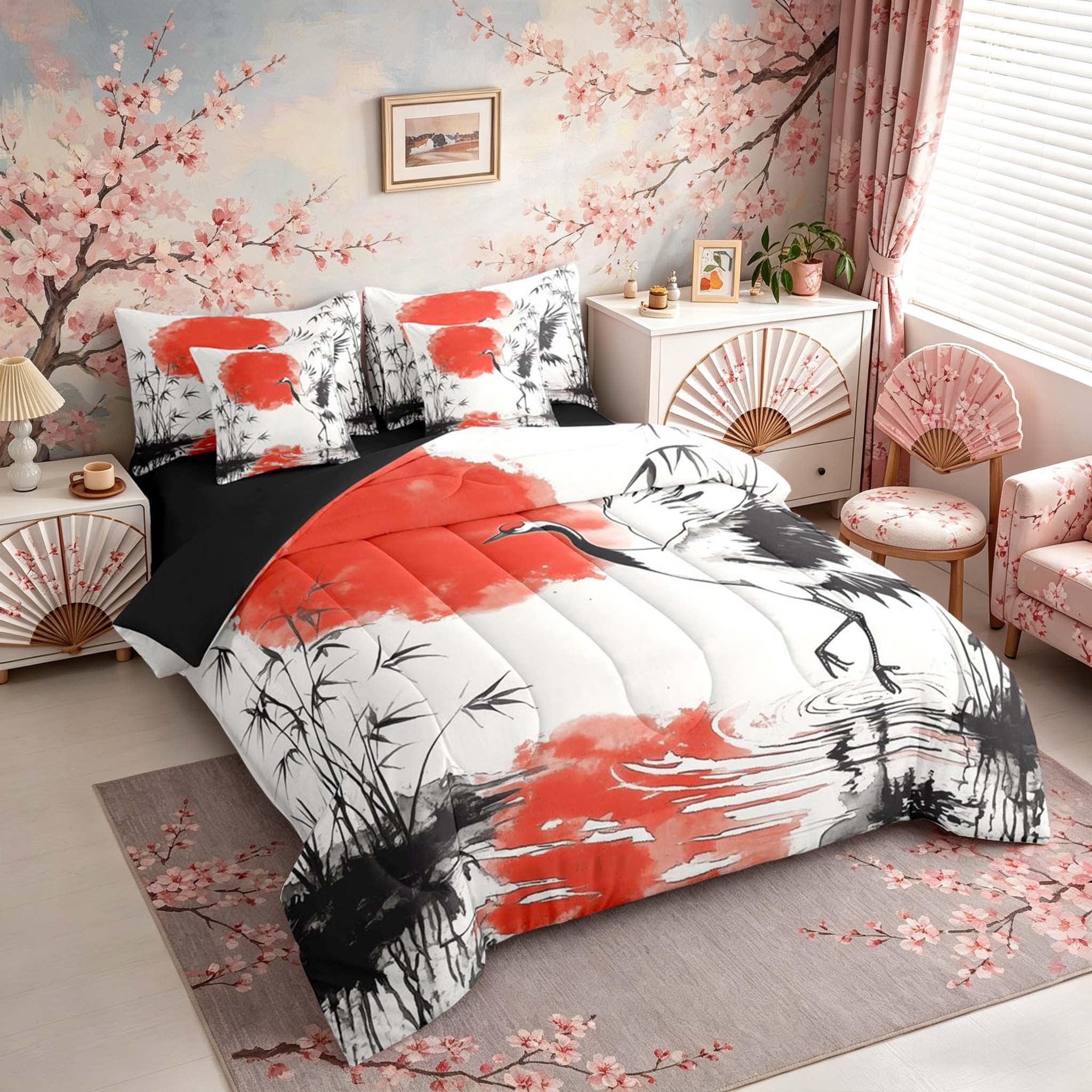 Manfei Ink Red Sun Crane Bedding Comforter Set for Teens, Reed Pond Queen Bedding Sets, Black Red White, Black Reversible 7pcs