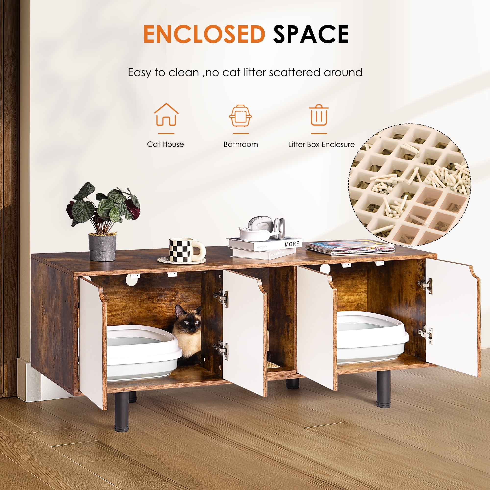 resenkos 59" Cat Litter Box Enclosure for 2 Cats, Large Cat Litter House, Spacious Hidden Cat Washroom for Most of Litter Box, Cat Furniture Cabinet, Brown