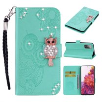 Feishell Samsung S21 FE Case Owl Pattern Glitter Sparkly Gems Shockproof PU Leather Wallet Cover Flip Stand Card Slots Magnetic Diamond Bling Folio Case for Samsung Galaxy S21 FE, Green