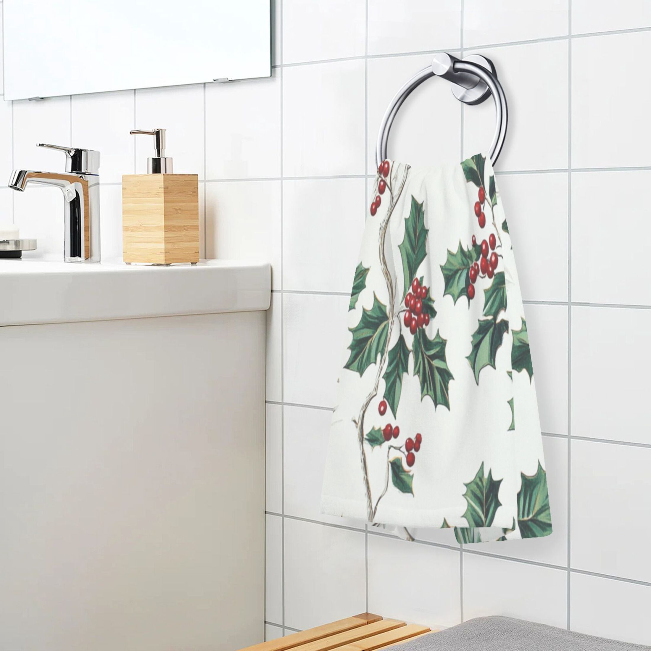 2 Pcs Absorbent Face Towel Bath Hand Towels Soft Breathable Cotton Towel Set for Bathroom Kitchen Hotel Spa Decor Holly Leaves and Berries