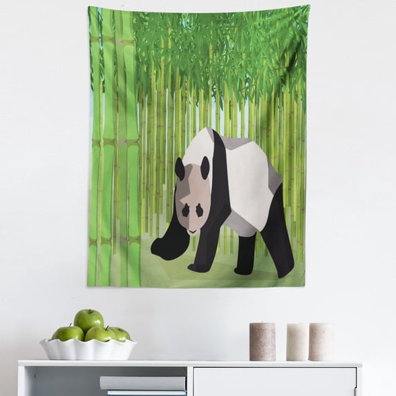Geometric Forest Tapestry, Polygonal Design Inspired Panda Walking Among Bamboo Stalks, Fabric Wall Hanging Decor for Bedroom Living Room Dorm, 5 Sizes, Green Black and White, by Ambesonne