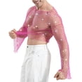 thumbnail image 4 of UTSJKR Men's Sparkling Rhinestone Mesh Long Sleeve Top, Sheer Fishnet Shirt, Party Concert Stage Performance Trendy Fashion Wear Hot Pink S, 4 of 6
