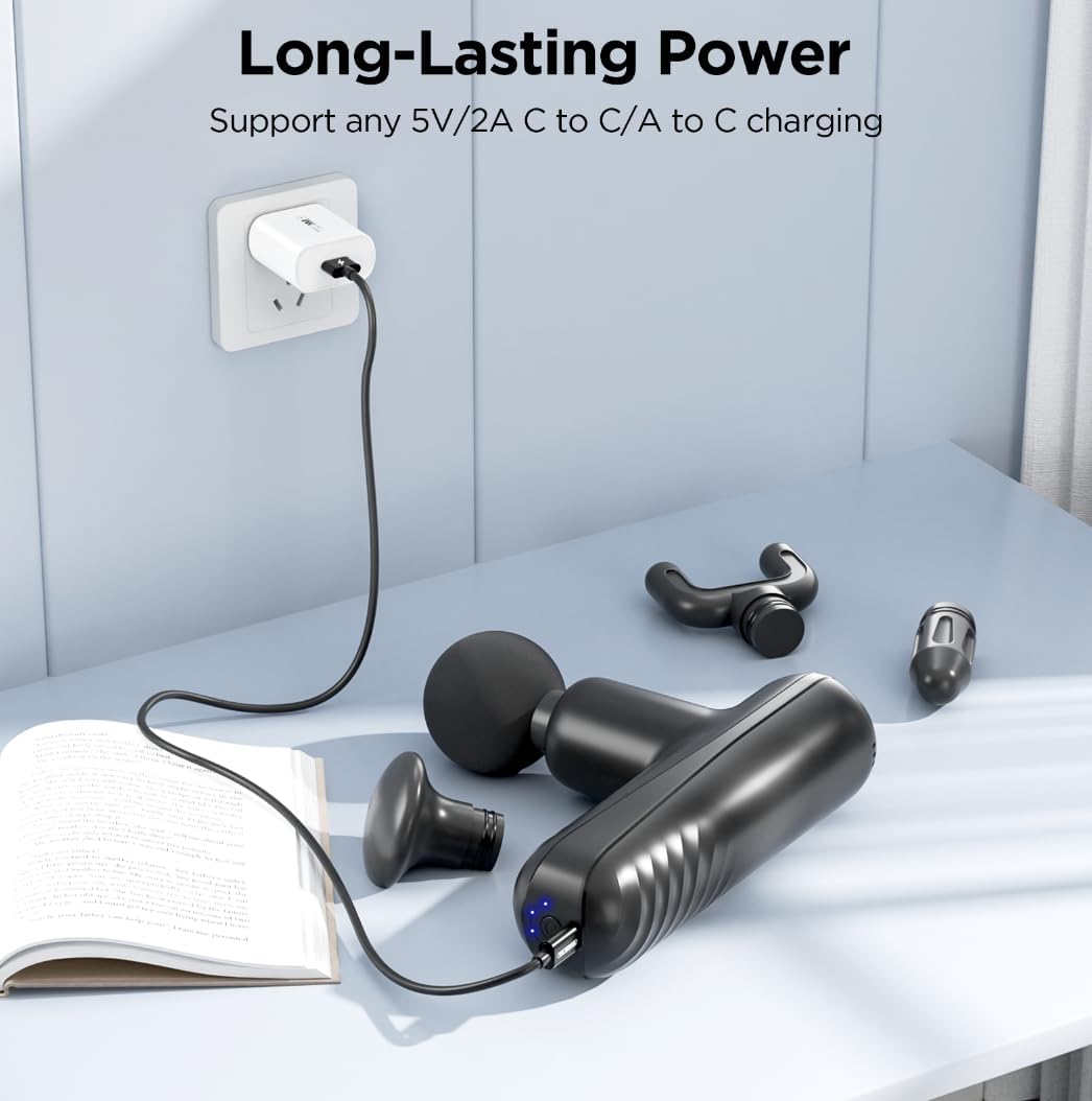 Mini Massage Gun, Powerful Handheld Muscle Massager for Muscle Relaxation, Deep Tissue Percussion Small Massage Gun Travel Massager with 4 Massage Heads Silent Brushless Motor, Black