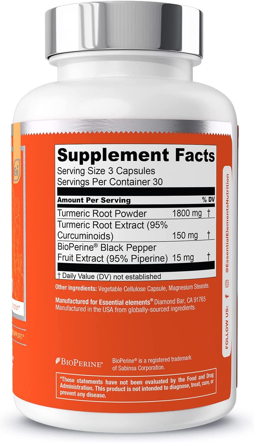 Essential Elements Turmeric Curcumin - Joint, Heart & Brain Support - with BioPerine for Optimal Absorption 1950 mg - 90 Count - 30 Servings