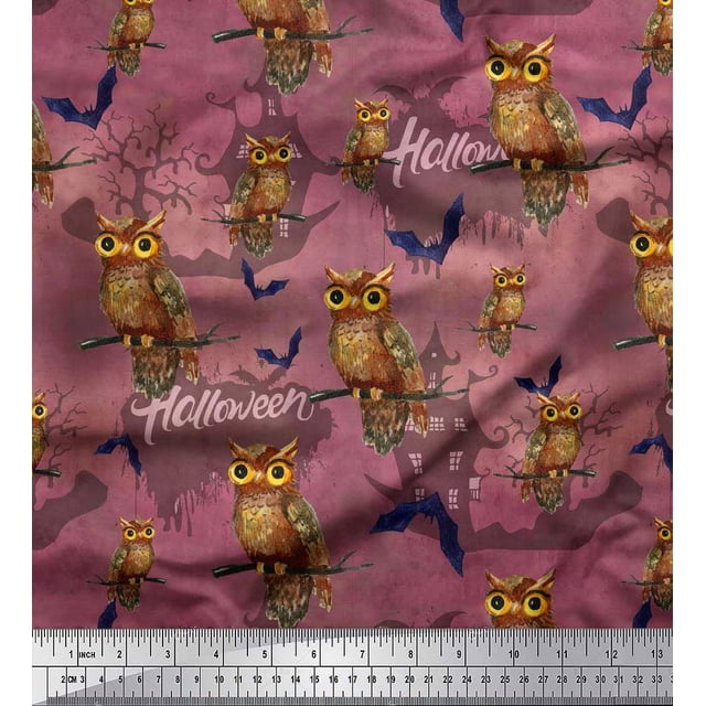 Soimoi polyester Crepe Fabric Owl,Bat & Haunted House Halloween Printed Fabric 1 Yard 42 Inch Wide