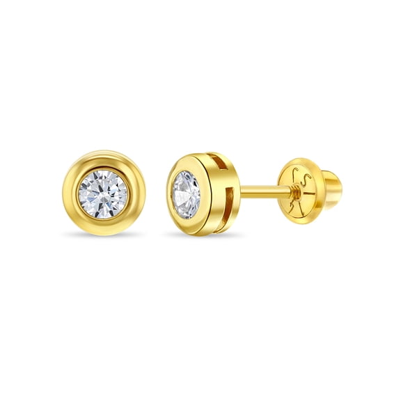 Bezel Cubic Zirconia Clear Toddler / Girls Earrings Safety Screw Back - 14k Gold