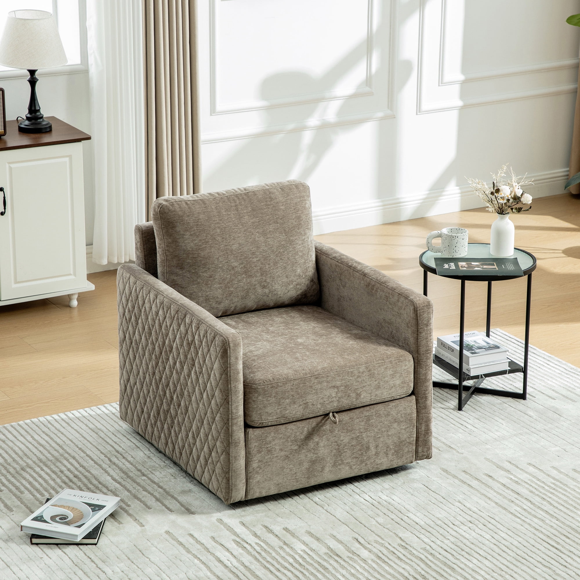 Leumius 360° Swivel Armchair with Hidden Storage, Comfy Diamond-Shape Tufted Armrests Accent Square Club Chair Single Sofa with Pillow for Living Room Bedroom Reading Nook Taupe