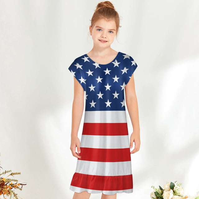 LSLJS Robe Fille 4 Juillet, Tenue d'Été pour Bébé Fille Étoiles et Rayures Robe Nœud Papillon Costumes Journée de l'Indépendance