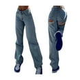 thumbnail image 4 of Franhais Women Straight Denim Pants, Side Pockets Ripped Cutout Long Street Casual Trousers, 4 of 5