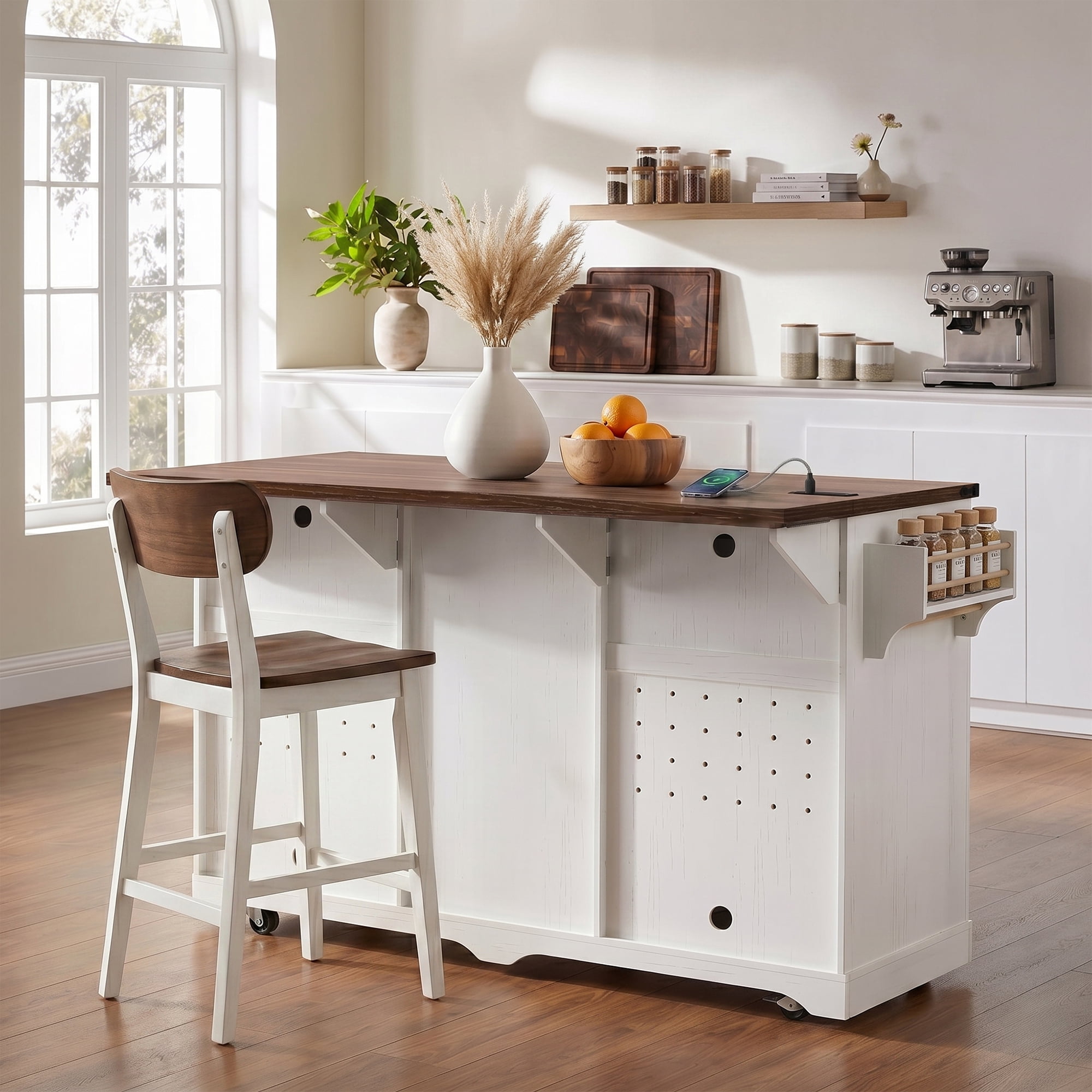 Mintazer 72" Farmhouse Rolling Kitchen Island with 2 Mini Fridge Space & Drop Leaf Countertop and Power Outlet, Bar Storage Cabinet with 4 Drawers & Barn Doors for Kitchen Dining Room, White & Walnut