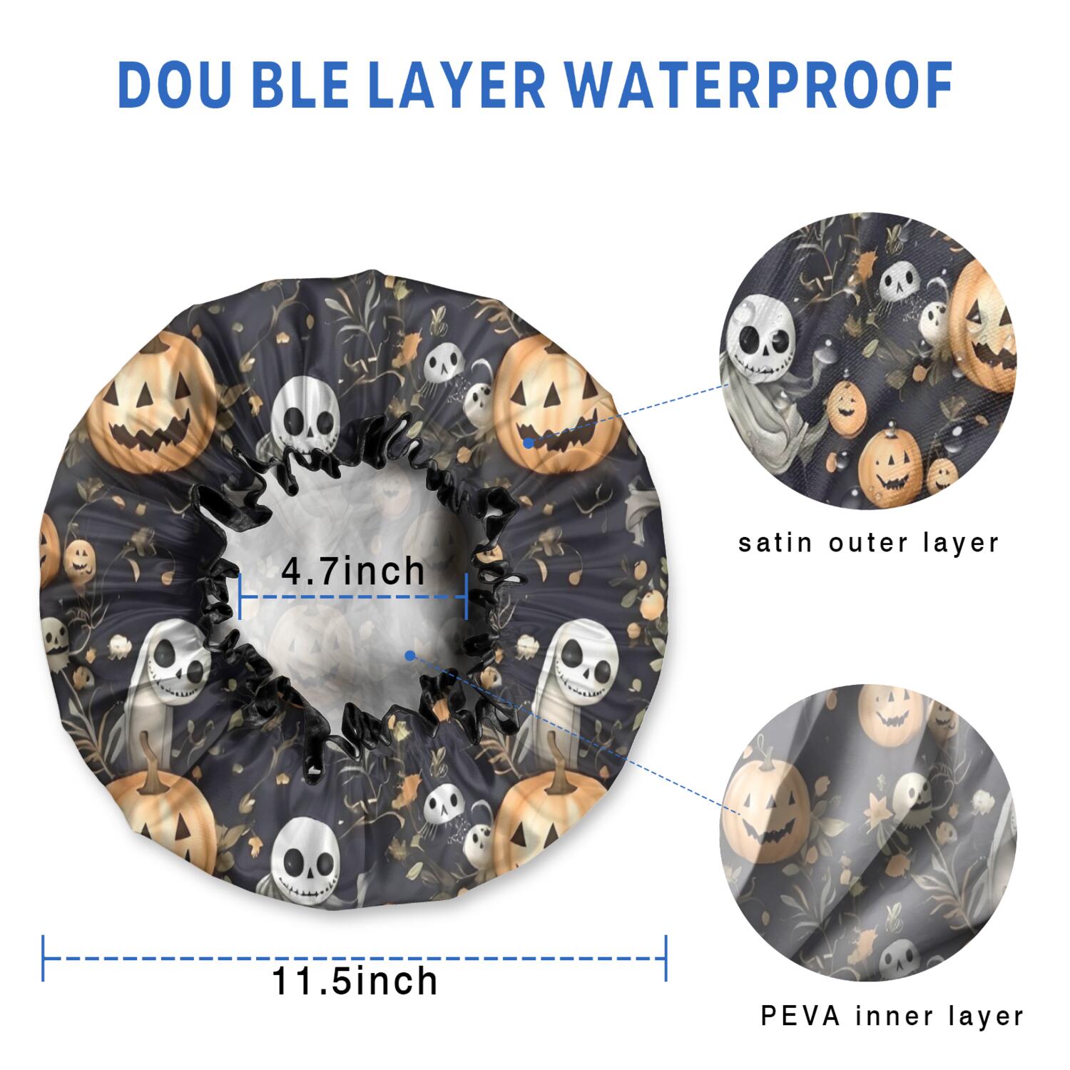 Shower Caps,Nightmare Before Christmas Halloween Pattern Waterproof Shower Cap for Women 4 Pieces,Double Reusable Hair Cover for Shower PEVA Elastic Stretch Hem